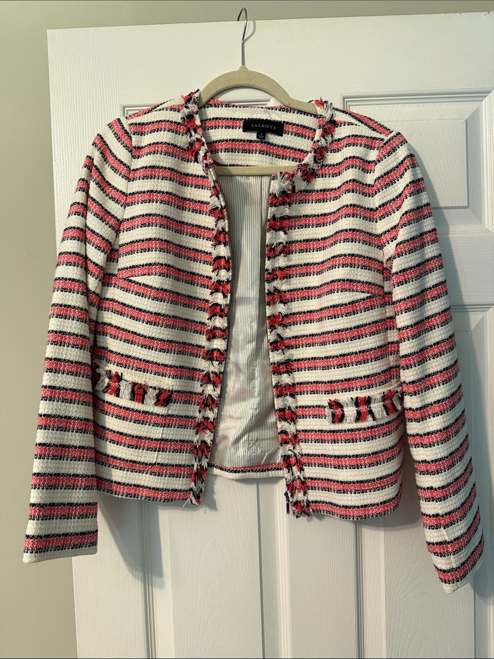 Talbots Pink White and Black Striped Tweed Blazer
